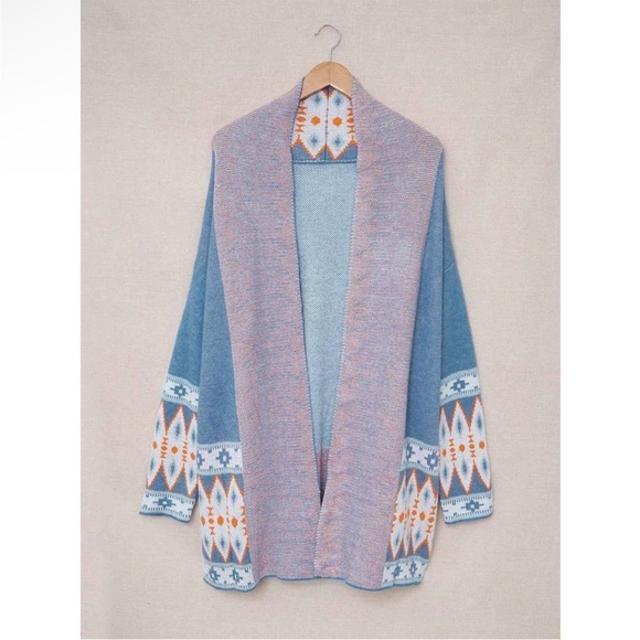 Boho Geo Print Open Front Long Turtleneck Knitted Cardigan Blue - Picture 5 of 11